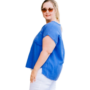 Easel Royal Blue Knit Gauzy Feel Top